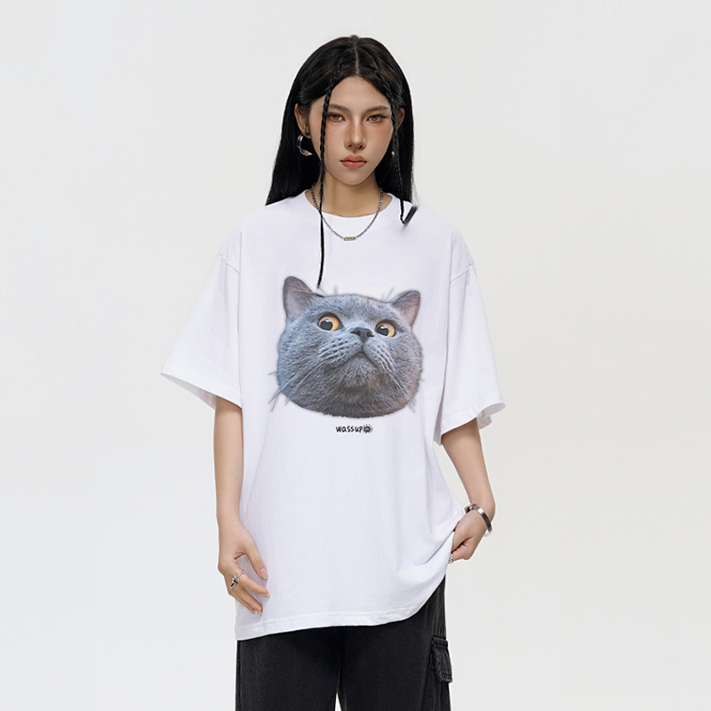 WASSUP猫咪喷墨工艺短袖T恤女