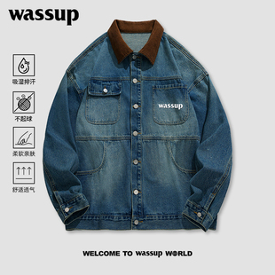 WASSUP潮牌美式复古翻领夹克男春秋2025新款潮流情侣工装牛仔外套