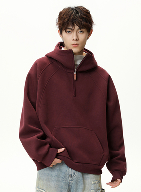 WASSUP美式重磅半拉链卫衣男秋季vibe潮牌纯色连帽衫百搭情侣外套