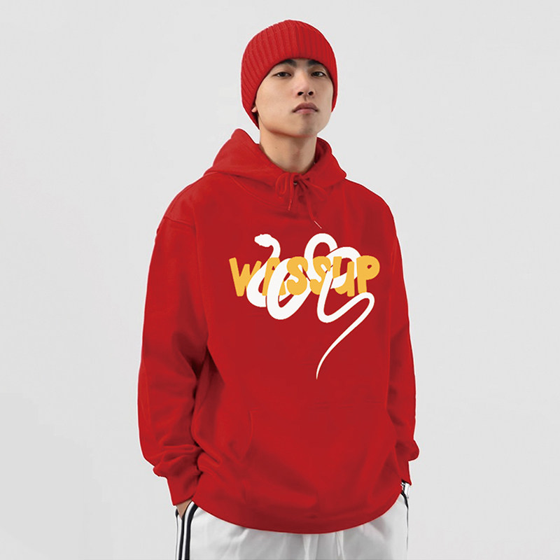 WASSUP生肖蛇红色重磅加绒卫衣男秋冬2025新款潮牌重磅连帽衫上衣