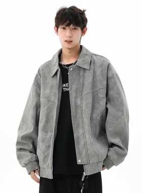 WASSUP潮牌美式复古休闲外套男款秋冬翻领加厚机车服痞帅工装夹克