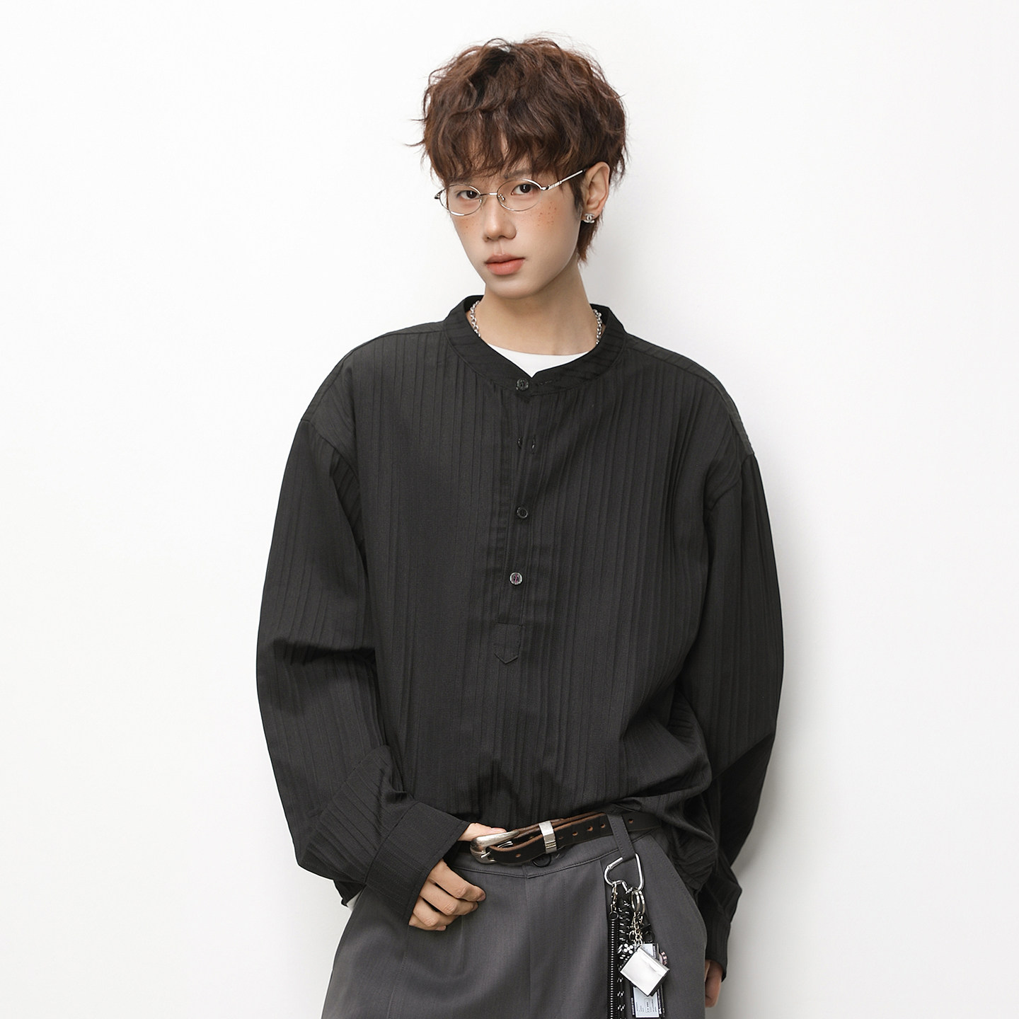 WASSUP泡泡纱长袖衬衫男春秋季新款黑色立领衬衣休闲痞帅上衣外套