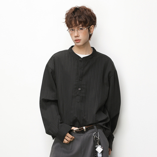 WASSUP泡泡纱长袖衬衫男春秋季新款黑色立领衬衣休闲痞帅上衣外套