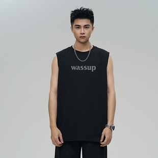 潮牌 WASSUP HEODS基础字母印花背心宽松休闲无袖 T恤坎肩男士 夏季