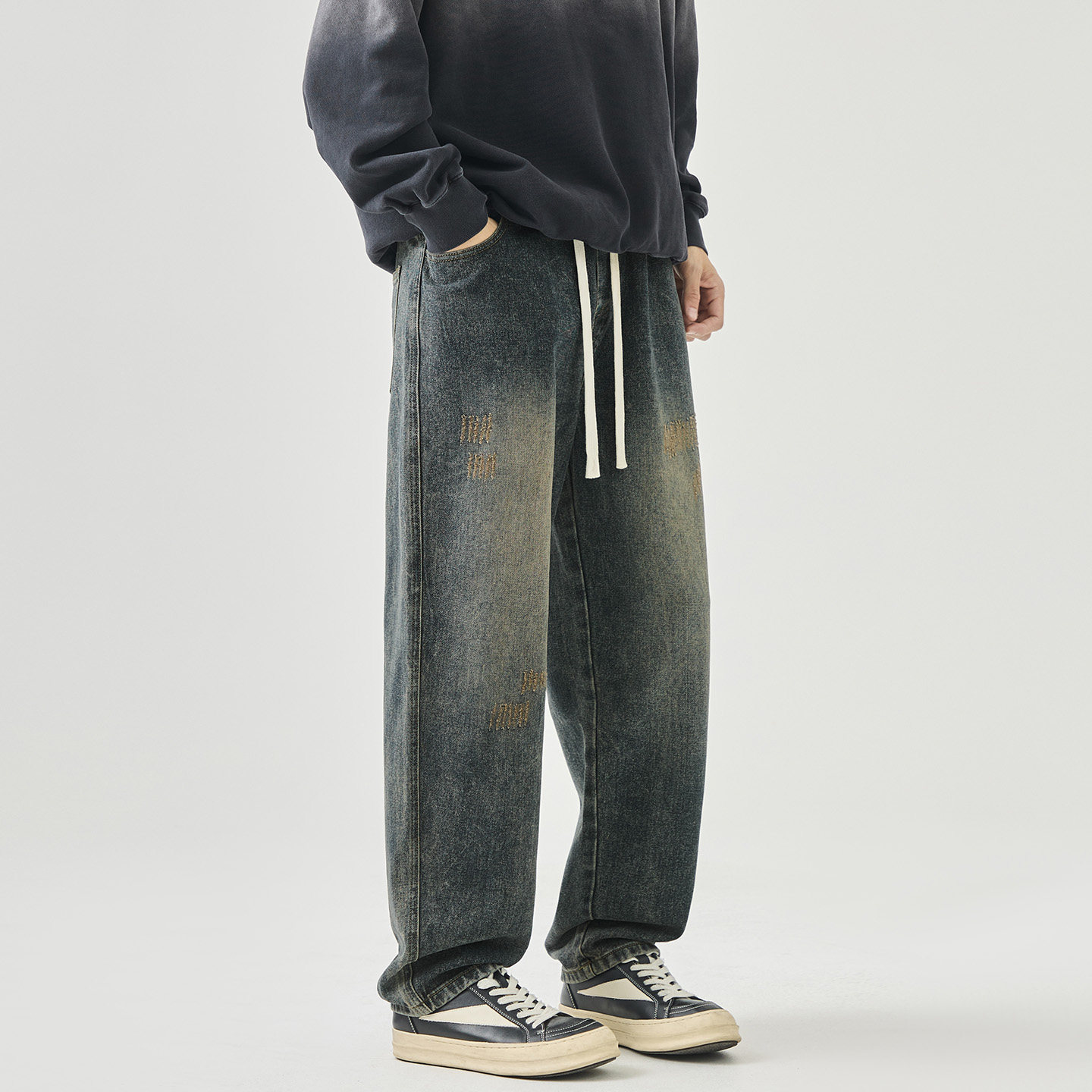 WASSUP美式复古做旧渐变水洗牛仔裤男士休闲直筒青少年百搭长裤子