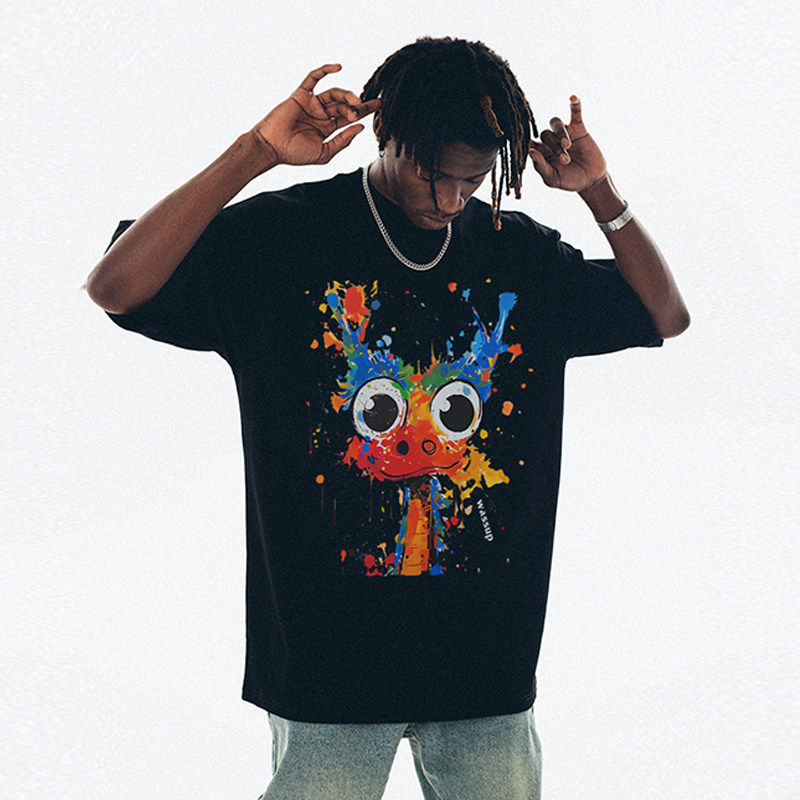 WASSUP潮牌喷墨透气短袖T恤男女款夏季宽松重磅纯棉情侣圆领上衣