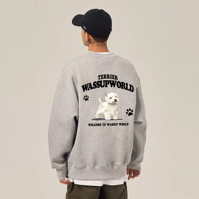 WASSUP潮牌美式重磅灰色卫衣男女款秋冬加绒宽松休闲情侣圆领上衣
