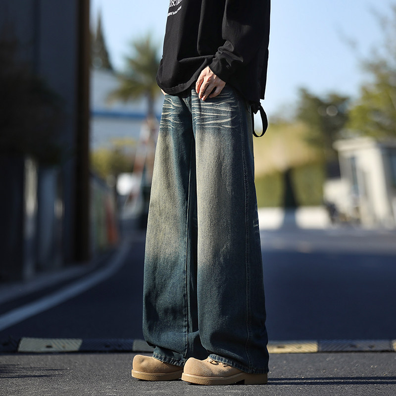 WASSUP美式复古水洗做旧牛仔裤男2026新款宽松休闲直筒高街长裤子