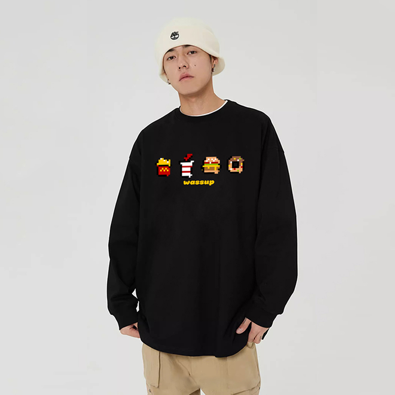 WASSUP像素卡通重磅纯棉长袖T恤