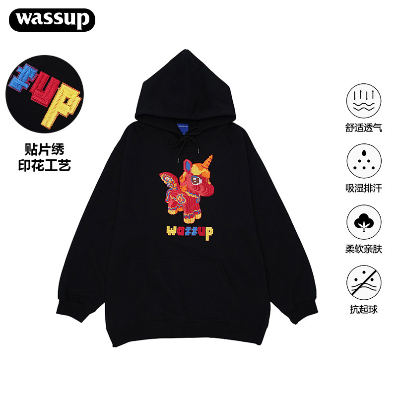 WASSUP潮牌重磅马年贴片绣花情侣卫衣秋冬2026新款男女连帽衫上衣