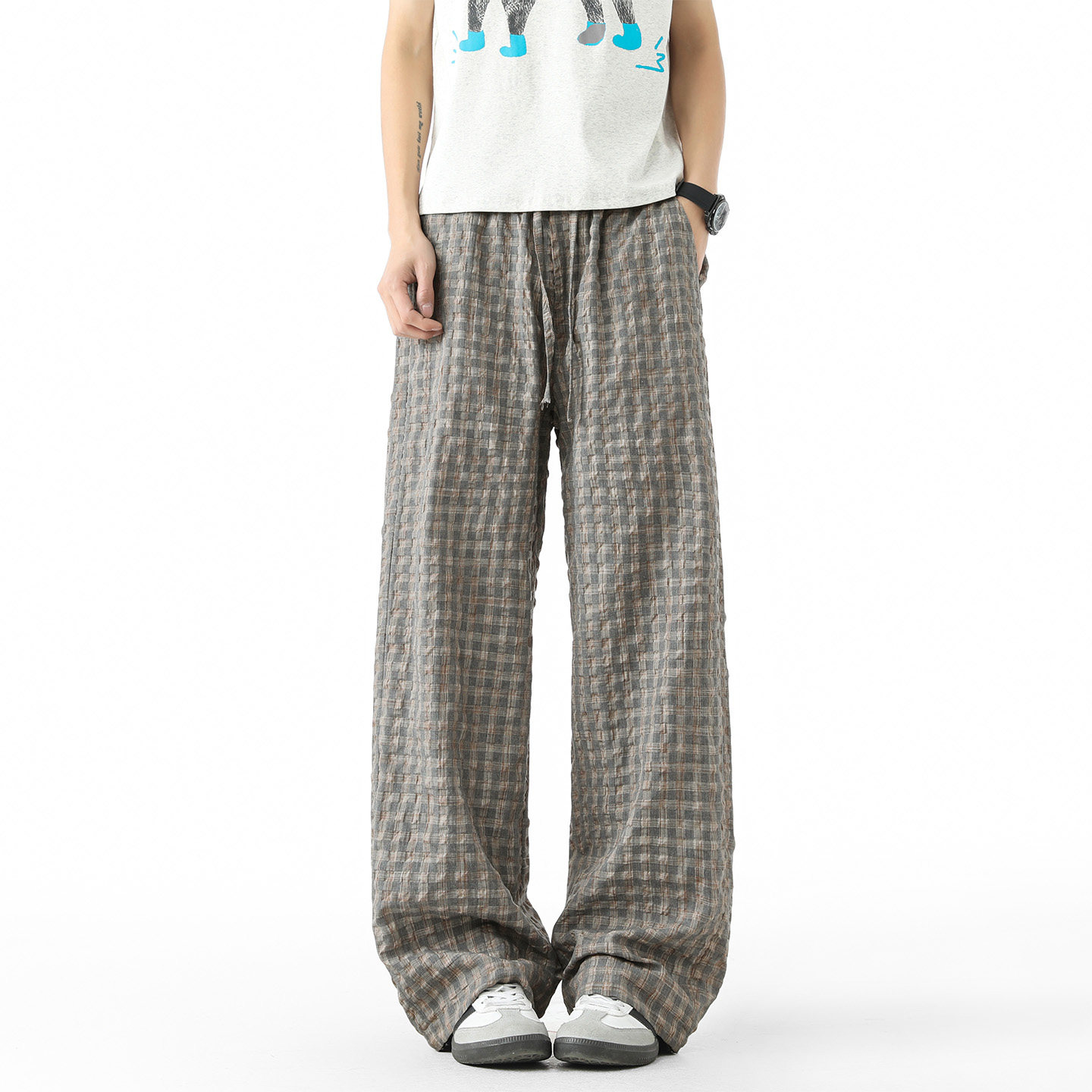 WASSUP泡泡纱慵懒风格子阔腿裤男士夏季薄款垂感宽松直筒休闲长裤