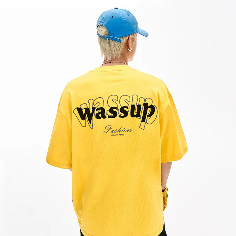 WASSUP潮牌美式重磅黄色短袖T恤男女夏宽松百搭情侣圆领体恤上衣