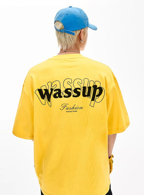 WASSUP潮牌美式重磅黄色短袖T恤男女夏宽松百搭情侣圆领体恤上衣