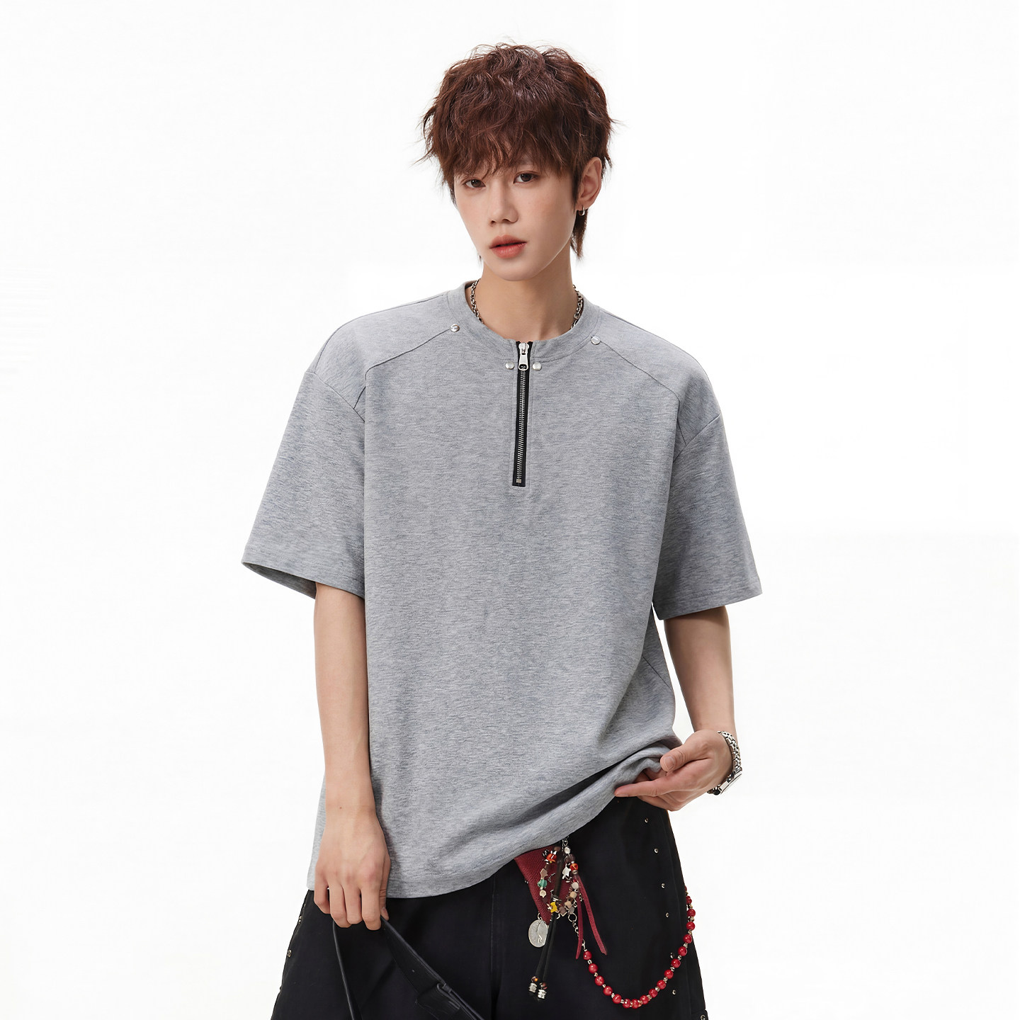 WASSUP潮牌高级感半拉链正肩短袖男美式柳钉设计感重磅半袖T恤夏