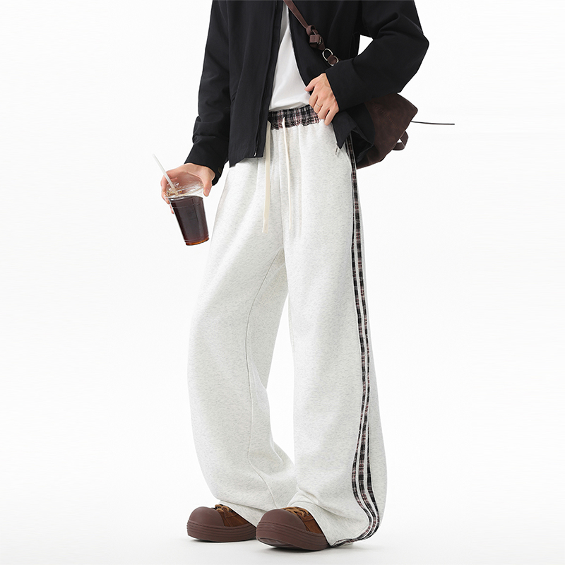 WASSUP格纹拼接休闲直筒卫裤男女