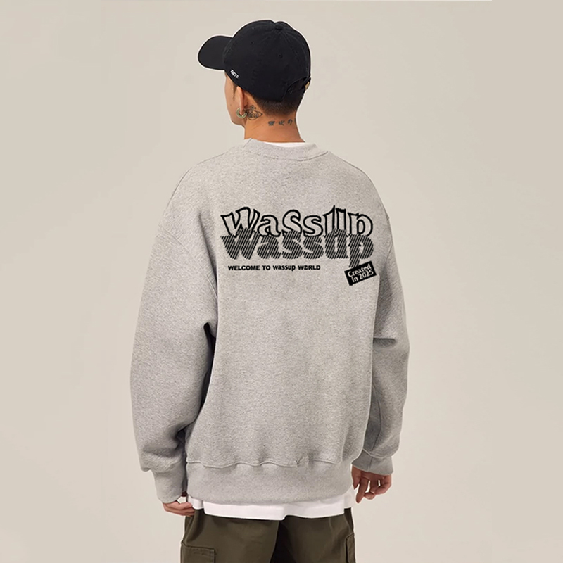 WASSUP美式潮牌灰色圆领卫衣男秋