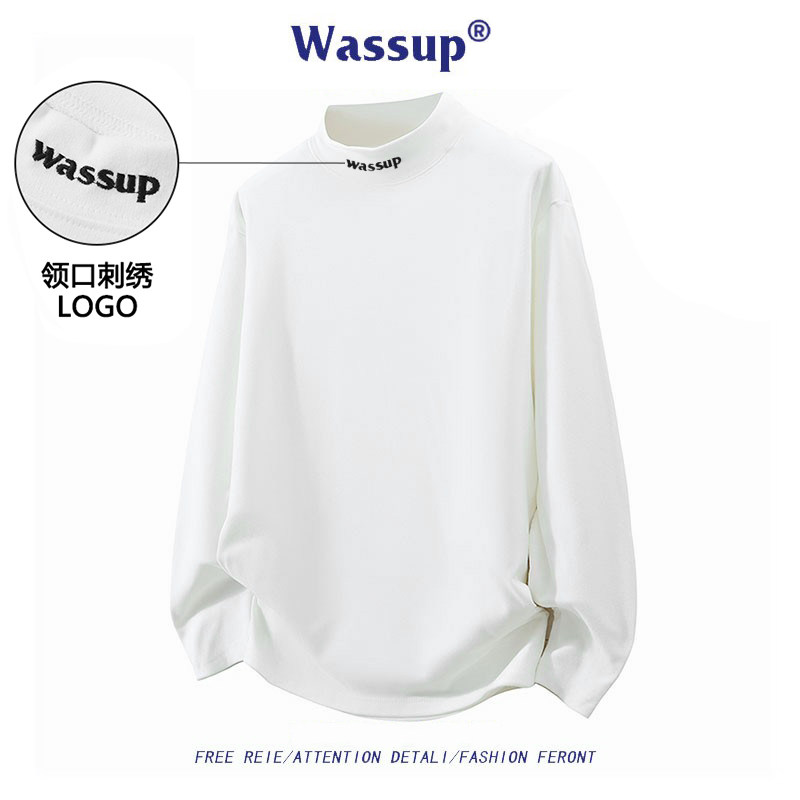 WASSUP潮牌德绒打底衫内搭长袖t恤男女款秋冬半高领内衬刺绣字母