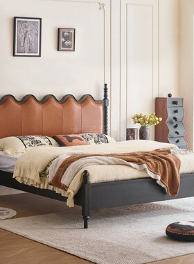 法式复古床1.8米双人实木床纳帕真皮床主卧1.5米中古风涟漪储物床