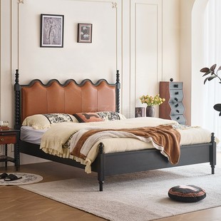 法式复古床1.8米双人实木床纳帕真皮床主卧1.5米中古风涟漪储物床