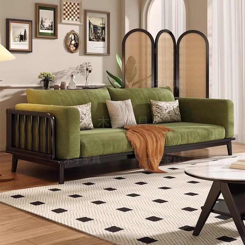 实木沙发法式复古绿色直排双三人黑色北欧客厅家用组合沙发小户型