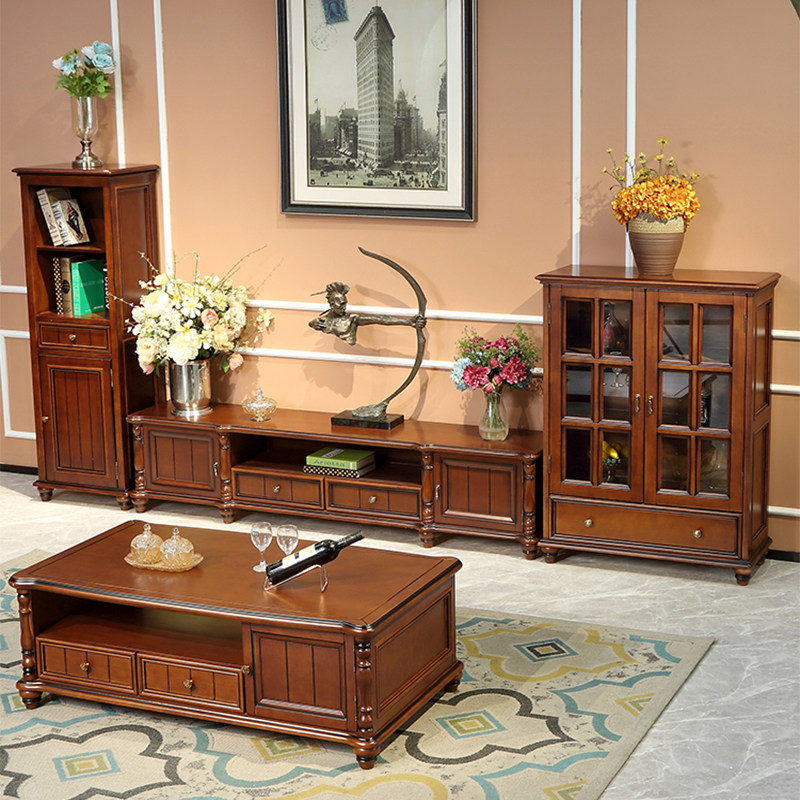 美式乡村实木茶几电视柜组合纯实木复古家具2.0米桃花芯木电视柜