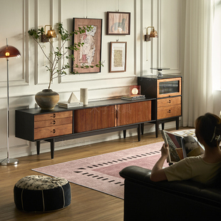 中古风实木电视柜复古双色落地款1.8米时慢收纳柜储物电视柜