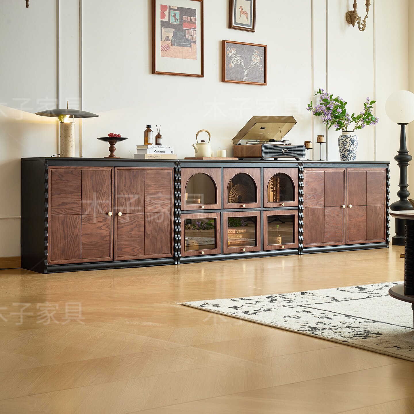 法式中古风塞娜棋盘白蜡木电视柜模块组合柜客厅靠墙储物柜收纳柜