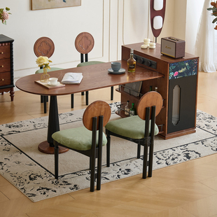 复古椭圆形岛台餐桌一体实木多功能餐桌椅组合家用