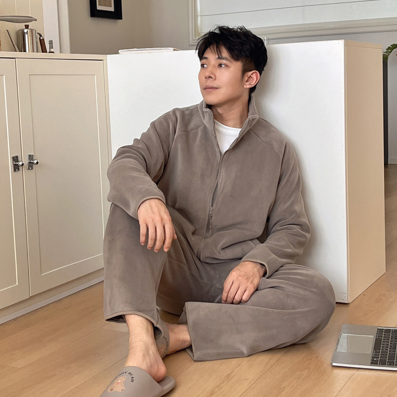 宅小北睡衣男海豚绒双层防静电秋冬保暖可外穿家居服男士格调套装