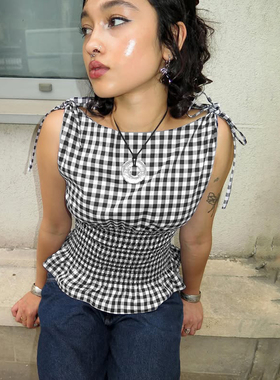 DARLINGAGA法式复古黑白格纹系带背心女打揽束腰显瘦无袖衬衫上衣