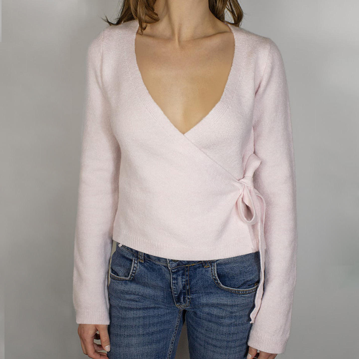 法式简约交叉V领侧边绑带毛衣女