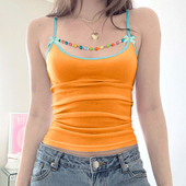 DARLINGAGA夏日多巴胺橙色串珠链条吊带女低胸圆领蝴蝶结撞色背心