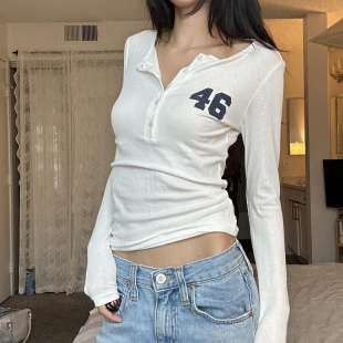 DARLINGAGA街头休闲数字印花圆领纽扣T恤女日常百搭修身 打底上衣