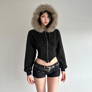 DARLINGAGA美式 街头毛领拼接连帽拉链卫衣女螺纹收腰不规则短外套