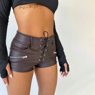 潮流棕色直筒短裤 DARLINGAGA美式 女个性 饰鸡眼绑带皮裤 街头拉链装