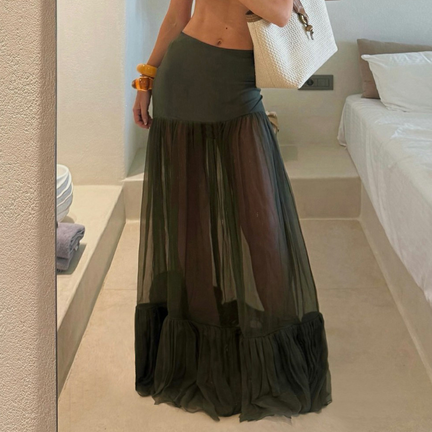 森系复古风透视网纱拼接半身裙女