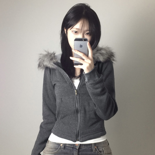 DARLINGAGA街头休闲毛毛拼接连帽拉链卫衣女基础百搭修身 外套 短款