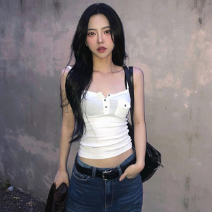 DARLINGAGA基础百搭口袋外穿吊带背心女简约休闲修身 显瘦针织上衣