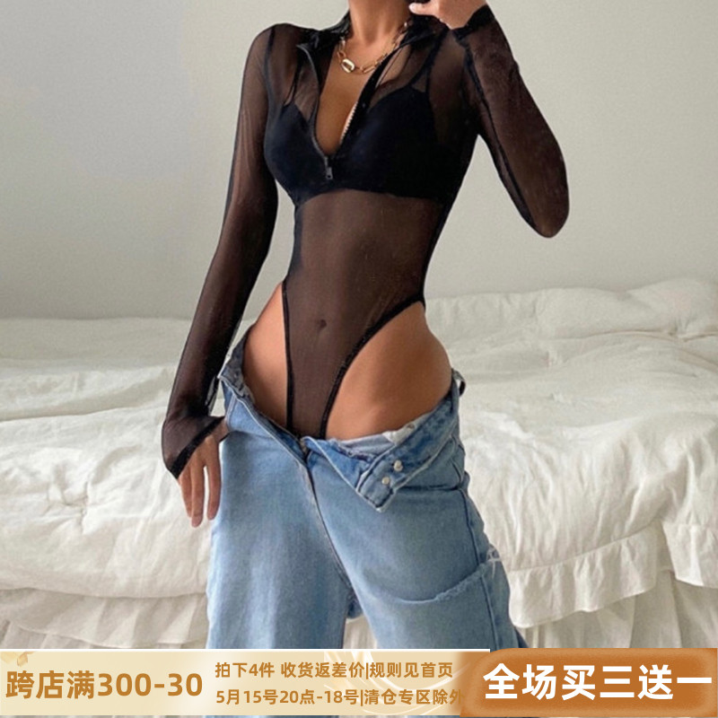 DARLINGAGA辣妹性感拉链半高领网纱连体衣女修身打底透视长袖上衣 女装/女士精品 连体衣/裤 原图主图