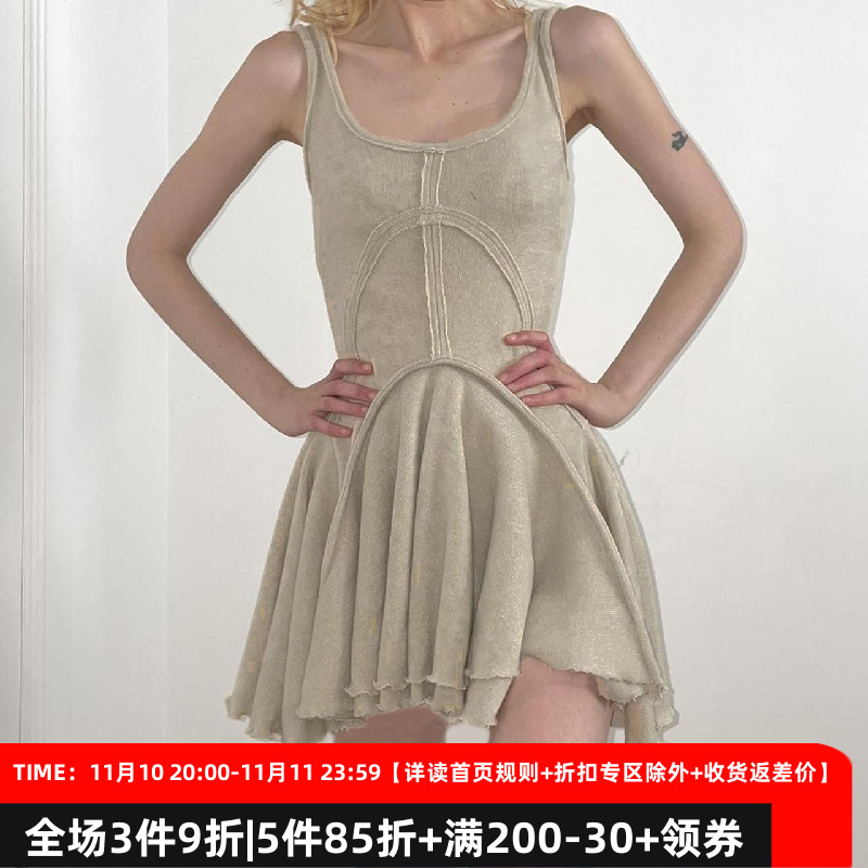 DARLINGAGA小众复古分割拼接背心裙女修身A字纯色不规则连衣裙