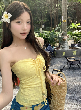 DARLINGAGA夏日海岛度假风黄色提花针织抹胸女氛围感修身系带背心