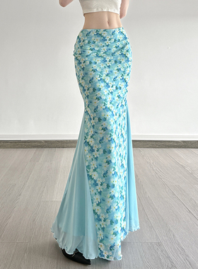 DARLINGAGA浪漫甜美风蓝色碎花鱼尾裙女海岛度假修身包臀网纱长裙