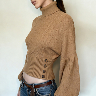 DARLINGAGA美式 毛衣女慵懒感宽松收腰短上衣 复古棕色半高领蝙蝠袖
