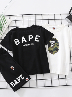 卡通印花迷彩猿头BA纯棉儿童短袖110-150中大童黑白二色圆领衫潮