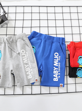 儿童卡通印花动物园纯棉短裤110-150中大童沙滩裤红蓝灰黑四色潮