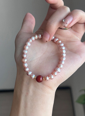 粉紫色淡水珍珠手串女朱砂红串珠手链轻奢气质新中式本命年手饰品