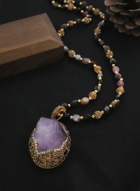 中古vintage包边紫水晶碧玺项链多彩宝石时尚精致个性气质毛衣链