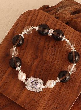 批发白水晶冰种黑曜石手链大颗粒圆珠时尚大气原创手串抖音爆款