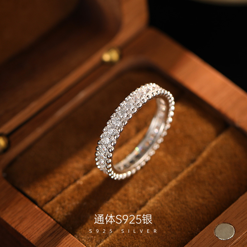 榕树下S925银轻奢排钻珠边戒指高品质满天星网红ins情侣对戒指环