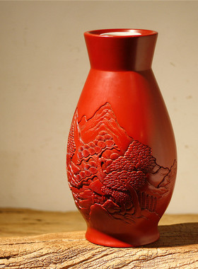 精品【 村上堆朱花瓶 】 - 日本旧物，木雕堆漆再手工刻纹